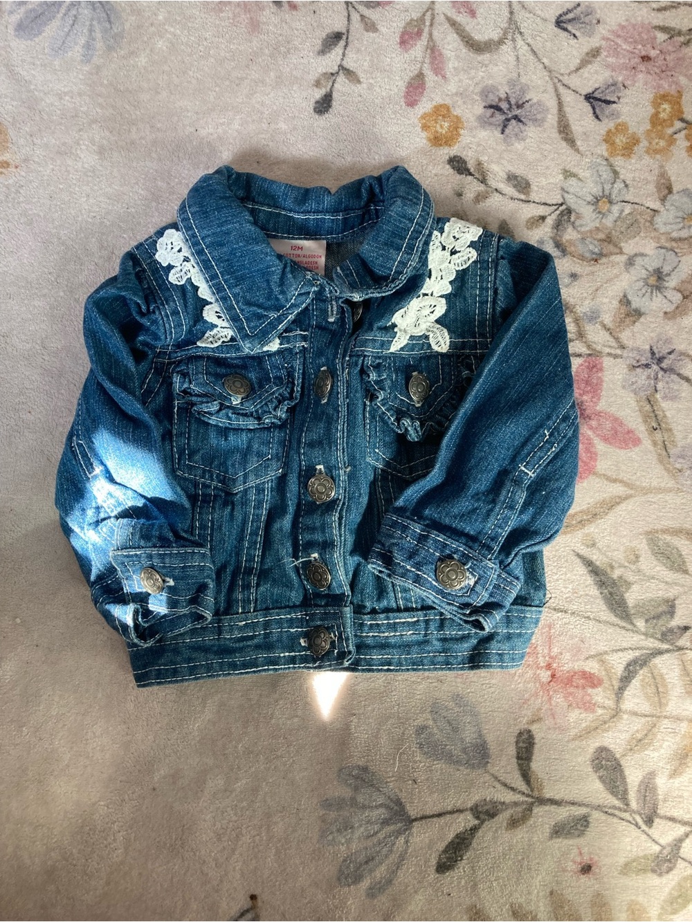 Denim Jacket with Crochet Lace Accents - Blue and white. Size 12 months